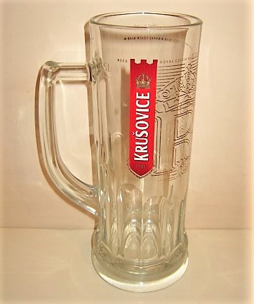 beer glass from the Krusovice brewery in Czech Republic with the inscription 'Krusovice 1581 Royal Czech Beer'