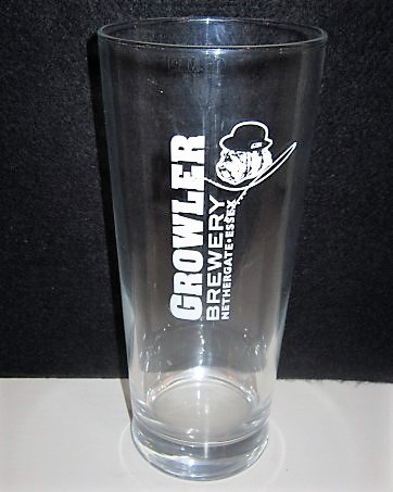 beer glass from the Growler brewery in England with the inscription 'Growler Brewery, Nethergate Essex'