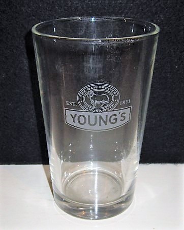 beer glass from the Young's brewery in England with the inscription 'Young's, The Ram Brewery Wadworth'