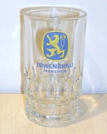 beer glass from the Lowenbrau brewery in Germany with the inscription 'Lowenbrau Munchen Made In Germany'