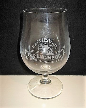 beer glass from the Harviestoun  brewery in Scotland with the inscription 'Harviestoun Old Engine Oil'