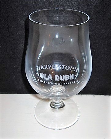 beer glass from the Harviestoun  brewery in Scotland with the inscription 'Harviestoun Ola Dubh, Ale Matured In Whisky Casks'