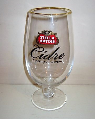 beer glass from the Stella Artois brewery in Belgium with the inscription 'Stella Artois Cidre, Belguim Recipe'