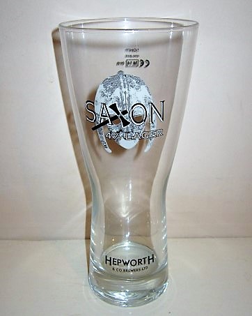 beer glass from the Hepworth brewery in England with the inscription 'Saxon 4% Lager, Hepworth & Co Brewers Ltd'