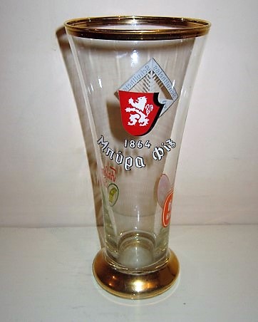 beer glass from the Fix brewery in Greece with the inscription '1864 Mπυρα Piξ (Biera Pilz), Hofbrau Kaltenhausen, Schultheiss Deutsches Pilsner, Falken Bier'