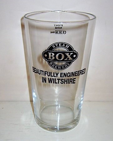 beer glass from the Box Steam Brewery brewery in England with the inscription 'Steam Box Brewery, Beautifully Engineered In Wiltshire'