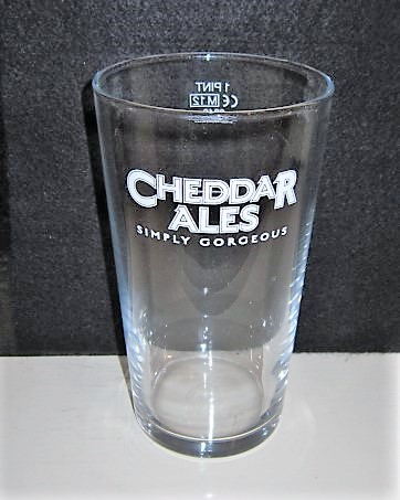 beer glass from the Cheddar Ales brewery in England with the inscription 'Cheddar Ales, Simply Gorgeous'