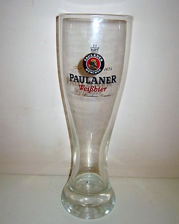 beer glass from the Paulaner brewery in Germany with the inscription 'Paulaner Wisbier,  Paulaner Munchen Siet 1634 '