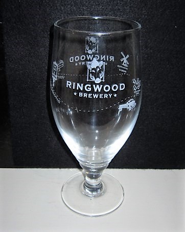 beer glass from the Ringwood brewery in England with the inscription 'Ringwood Brewery, Visit The Winding Downs'