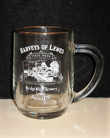 beer glass from the Harvey & Son brewery in England with the inscription 'Harveys Of Lewes, Bridge Wharf Brewery Lewes, Founded 1790'