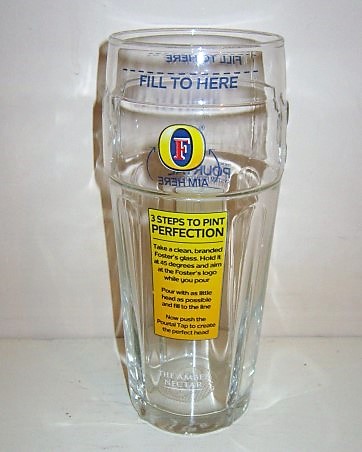 beer glass from the Foster's brewery in Australia with the inscription 'F 3 Steps to Pint Perfection. The Amber Nectar'