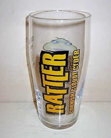 beer glass from the Healey's brewery in England with the inscription 'Rattler Cloudy Cyder'
