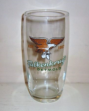 beer glass from the Falkenkrug brewery in Germany with the inscription 'Falkenkrug Detmold Siet 1667'