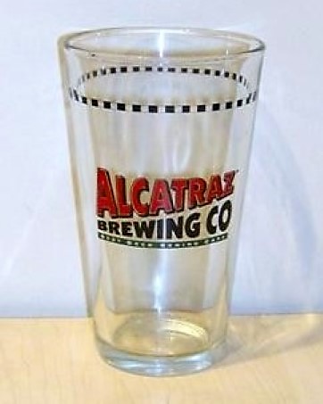 beer glass from the Alcatraz brewery in U.S.A. with the inscription 'Alcatraz Brewing Co Best Beer Behind Bars'