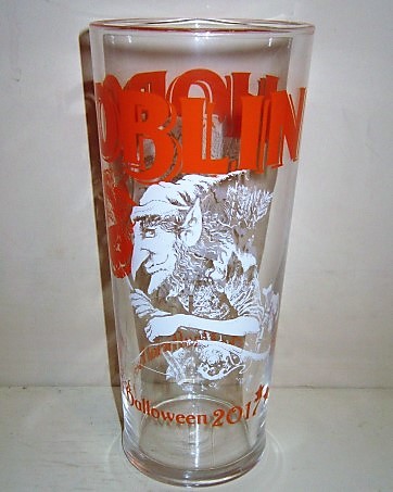 beer glass from the Wychwood  brewery in England with the inscription 'Hobgoblin, The Onifical Beer Of Halloween 2017'