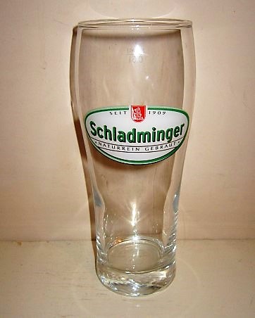 beer glass from the Schladminger brewery in Austria with the inscription 'Seit 1909 Schladminger Naturren Gebraut'