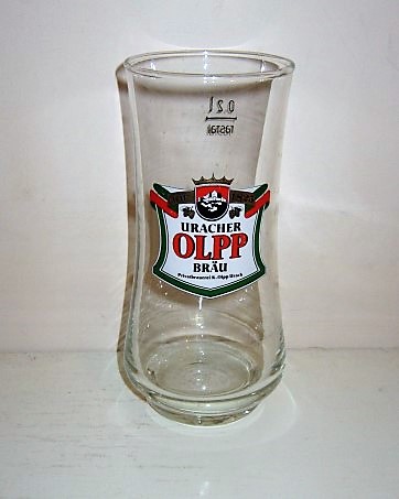 beer glass from the Uracher Olpp Brau brewery in Germany with the inscription 'Siet 1825 Uracher Olpp Brau'
