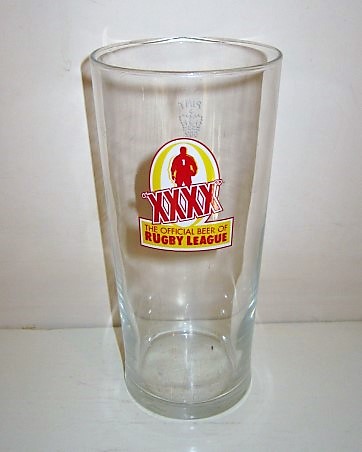 beer glass from the Castlemaine brewery in Australia with the inscription 'XXXX The Official Beer Of Rugby League'
