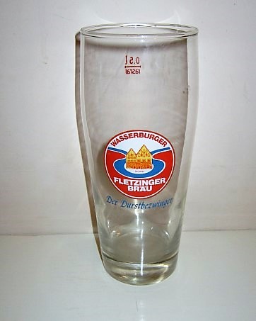 beer glass from the Fletzinger  brewery in Germany with the inscription 'Wasserburger Fletzinger Brau, Der Durstbezwinger'