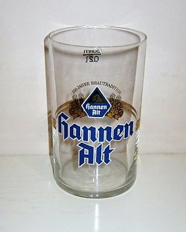 beer glass from the Hannen  brewery in Germany with the inscription 'Hannen Alt, Hannen Alt, 250Jahre BrauTradition'
