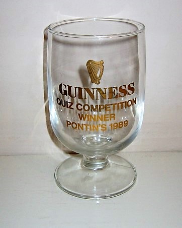 beer glass from the Guinness  brewery in Ireland with the inscription 'Guinness, Quiz Compertition Winner Pontin's 1989'