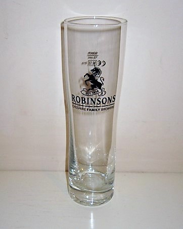 beer glass from the Robinsons brewery in England with the inscription 'Robinsons, Cheshire Family Brewers'