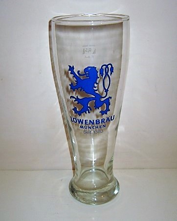 beer glass from the Lowenbrau brewery in Germany with the inscription 'Lowenbrau Munchen Seit 1383'