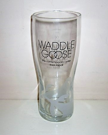 beer glass from the Aspall brewery in England with the inscription 'Waddle Goose, The Contemporary Cyder From Aspall'