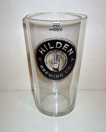 beer glass from the Hilden Brewing Co  brewery in Northern Ireland with the inscription 'Hilden Brewing Co Ireland's Oldest Independent Brewery Craft'