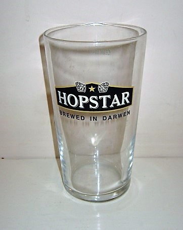 beer glass from the Hopstar  brewery in England with the inscription 'Hopstar Brewed In Darwen'