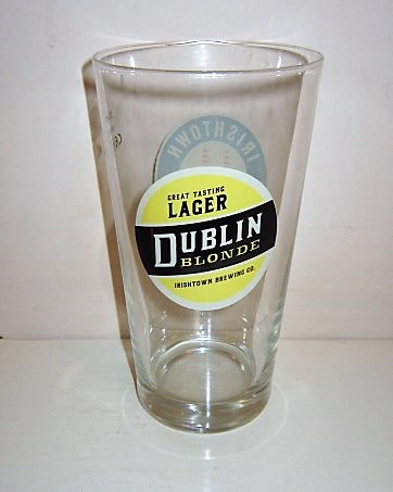 beer glass from the Irishtown Brewing Co brewery in Ireland with the inscription 'Dublin Blond Great Tasting Irishtown Brewing Co'