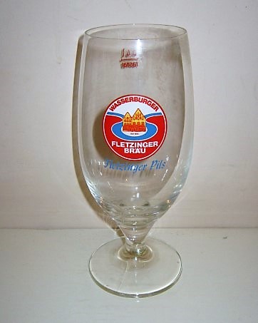 beer glass from the Fletzinger  brewery in Germany with the inscription 'Wasserburger Fletzinger Brau, Fletzinger Pils'