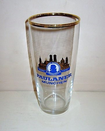 beer glass from the Paulaner brewery in Germany with the inscription 'Paulaner Munchen, Anno1630 Paulaner Thomasbrau Munchen'