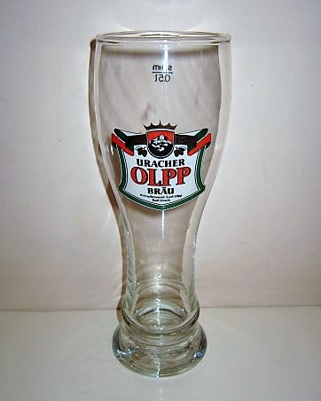 beer glass from the Uracher Olpp Brau brewery in Germany with the inscription 'Uracher Olpp Brau Privatbrauerei Bad Urach Seit 1825'