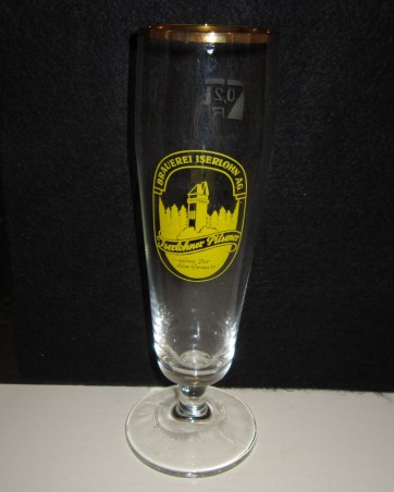 beer glass from the Iserlohner  brewery in Germany with the inscription 'Brauerei Iserlohn Ag Inserloher Pilsener Gunn Dir Den Genuss'