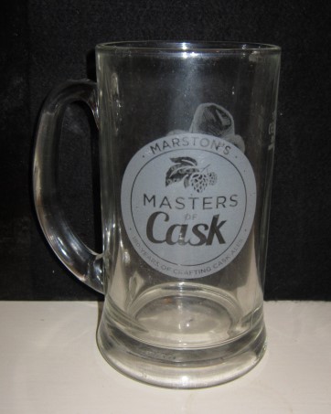 beer glass from the Marston's brewery in England with the inscription 'Marston's Master Of Cask, 180 Years Of Crafting Cask Ales,'