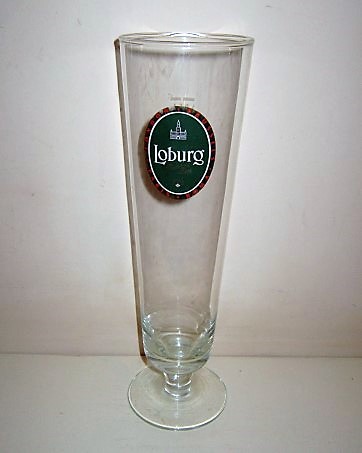 beer glass from the Stella Artois brewery in Belgium with the inscription 'Loburg Premium Beer, London,Brussels,Paris, Roma'