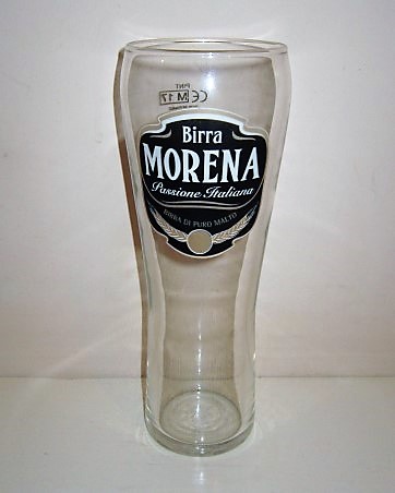 beer glass from the Morena brewery in Italy with the inscription 'Birra Morena Passione Italiana Birra Di Puro Malto'