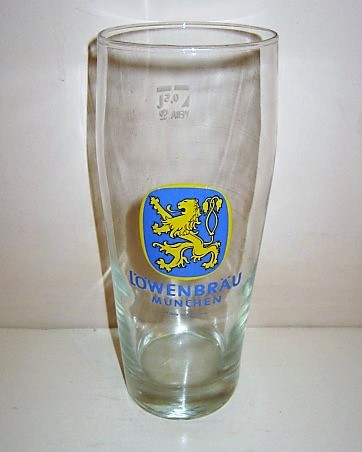 beer glass from the Lowenbrau brewery in Germany with the inscription 'Lowenbrau Munchen Made In Germany'