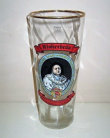 beer glass from the Klosterbru brewery in Germany with the inscription 'Klosterbru Seit 1533 Ehem.Frstbischfliche Braune Bierhaus Zu Bamberg'
