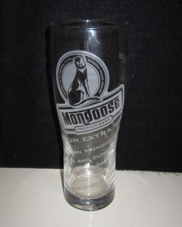 beer glass from the Wells & Youngs brewery in England with the inscription 'Mongoose Premium Beer Brewed To An Original Smooth Indian Recipe'
