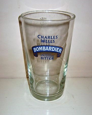 beer glass from the Charles Wells brewery in England with the inscription 'Charles Wells Bombardier English Premium Bitter'