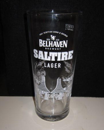 beer glass from the Belhaven brewery in Scotland with the inscription 'Estd 1719 Belhaven Brewery Saltire Lager 100% Scottish Born Bread'