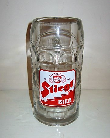 beer glass from the Stiegl brewery in Austria with the inscription 'Salzburger Seit 1492 Stiegl Beer'