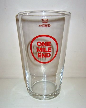 beer glass from the One Mile End brewery in England with the inscription 'One Mile End'