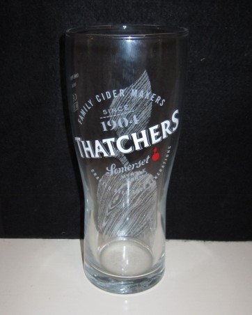 beer glass from the Thatchers brewery in England with the inscription 'Thatchers Family Cider Makers Since 1904 Somerset Myrtle Farm Crafted Over Four Generations'