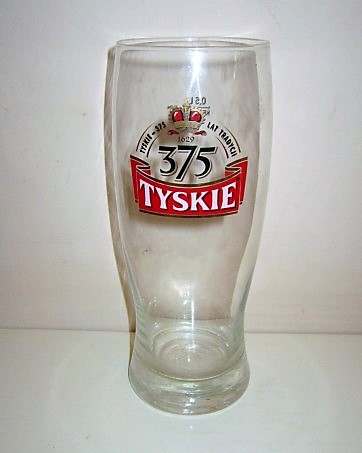 beer glass from the Tyskie brewery in Poland with the inscription 'Tyskie, Tyskie 375 Lat Tradycji 375'