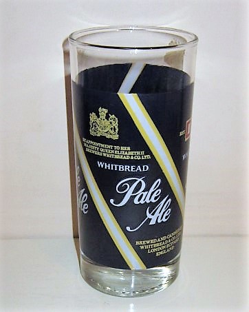 beer glass from the Whitbread  brewery in England with the inscription 'Whitbread Pale Ale, By Appointment To Her Majesty Queen Elizabeth 11 Brewers Whitbread & Co Ltd, Brewed And Canned By Whitbread & Co.Ltd London EC1Y 4SD England'