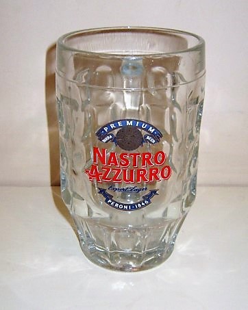 beer glass from the Peroni brewery in Italy with the inscription 'Premium Birra Beer Nastro Azzurro Peroni 1846'