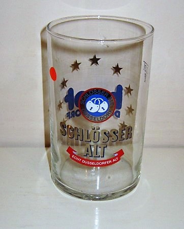 beer glass from the Schlosser  brewery in Germany with the inscription 'Schlosser Alt Dusseldorf, Schlosser Alt Echt Dusseldorfer Alt'
